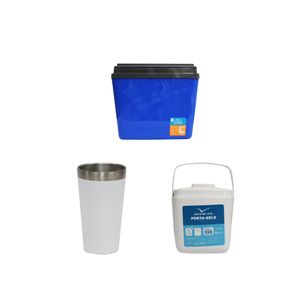 Kit copo térmico aço inox 473ml branco + caixa térmica 34l azul INVICTA + porta gelo 1l branco com alça INVICTA