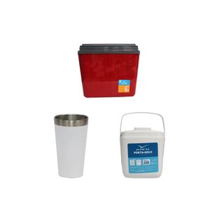 Kit copo térmico aço inox 473ml branco + caixa térmica 34L vermelha INVICTA + porta gelo 1L branco com alça INVICTA