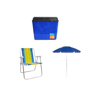 Kit guarda-sol colorido silver coating alumínio 2m MOR + caixa térmica 34l azul INVICTA + cadeira praia alta alumínio colorida MOR