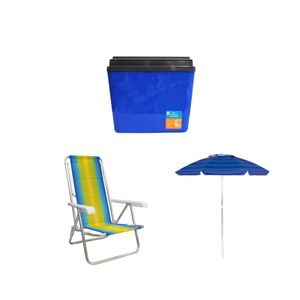Kit guarda-sol colorido silver coating alumínio 2m MOR + caixa térmica 34l azul INVICTA + cadeira reclinável 8 posições alumínio MOR