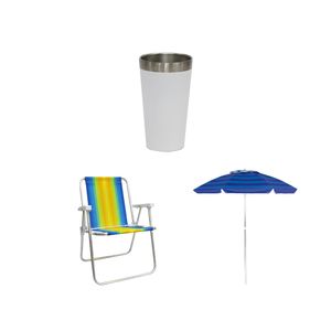 Kit copo térmico aço inox 473ml branco + guarda-sol colorido silver coating alumínio 2m MOR + cadeira praia alta alumínio colorida MOR