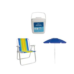Kit guarda-sol colorido silver coating alumínio 2m MOR + cadeira praia alta alumínio colorida MOR + porta gelo 1l branco com alça INVICTA
