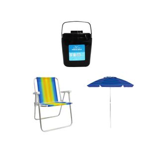 Kit guarda-sol colorido silver coating alumínio 2m MOR + cadeira praia alta alumínio colorida MOR + porta gelo 2,5L preto com alça INVICTA