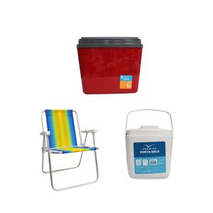 Kit caixa térmica 34L vermelha INVICTA + cadeira praia alta alumínio colorida MOR + porta gelo 1L branco com alça INVICTA