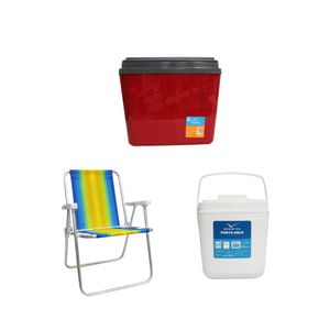 Kit caixa térmica 34L vermelha INVICTA + cadeira praia alta alumínio colorida MOR + porta gelo 2,5L branco com alça INVICTA